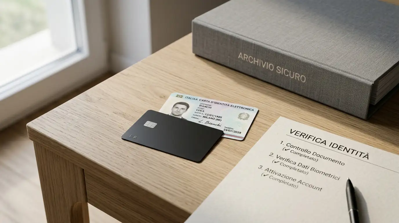 Carte di pagamento, documento coperto parzialmente e checklist di verifica identità